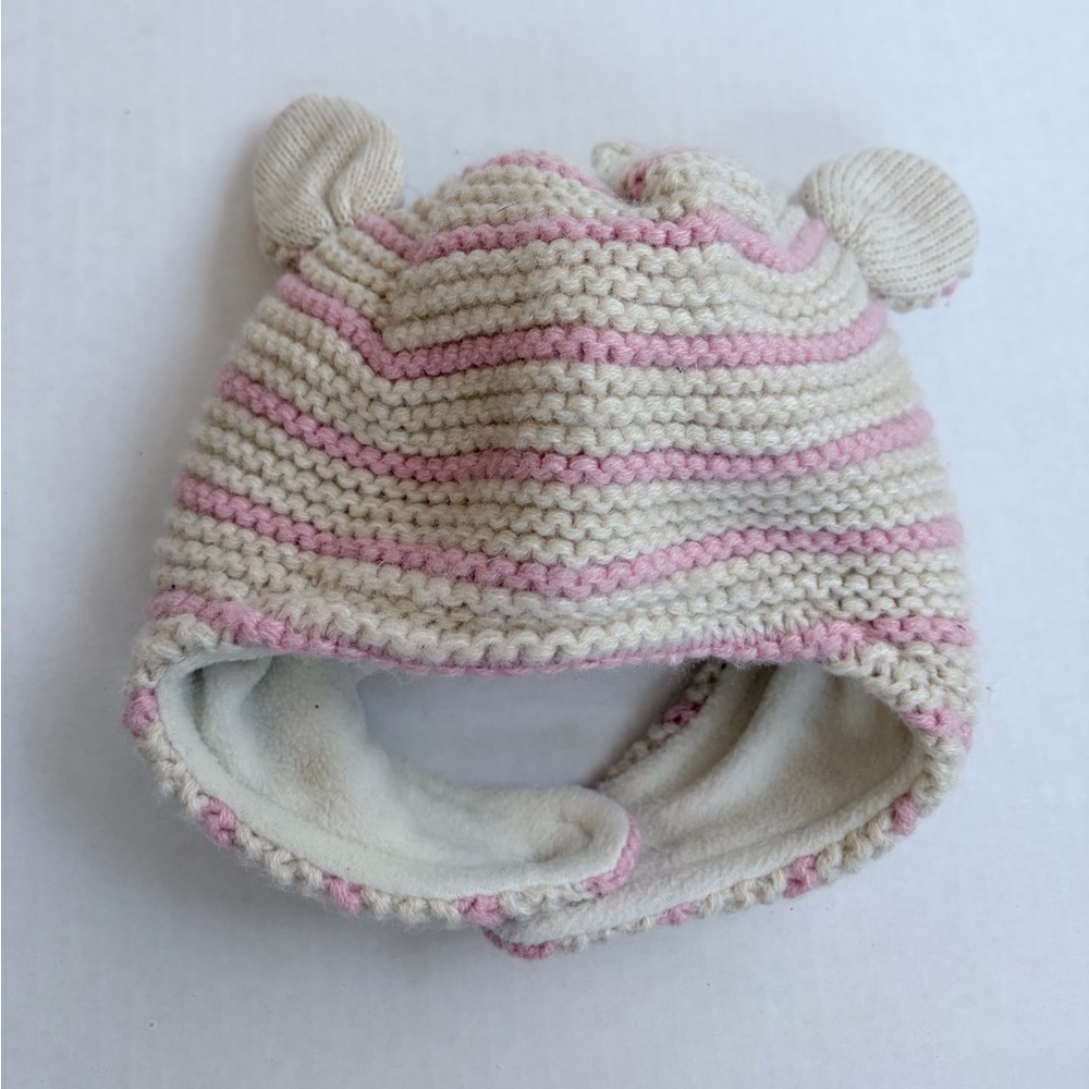 Baby Boden Striped Knit Hat with Bear Ears - Pink and Cream 12m